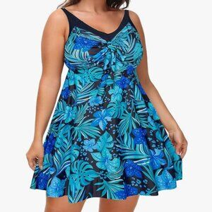 Hanna Nikole Brand Women's 22W Swimdress Swimsuit Tankini Top Only Blue Floral